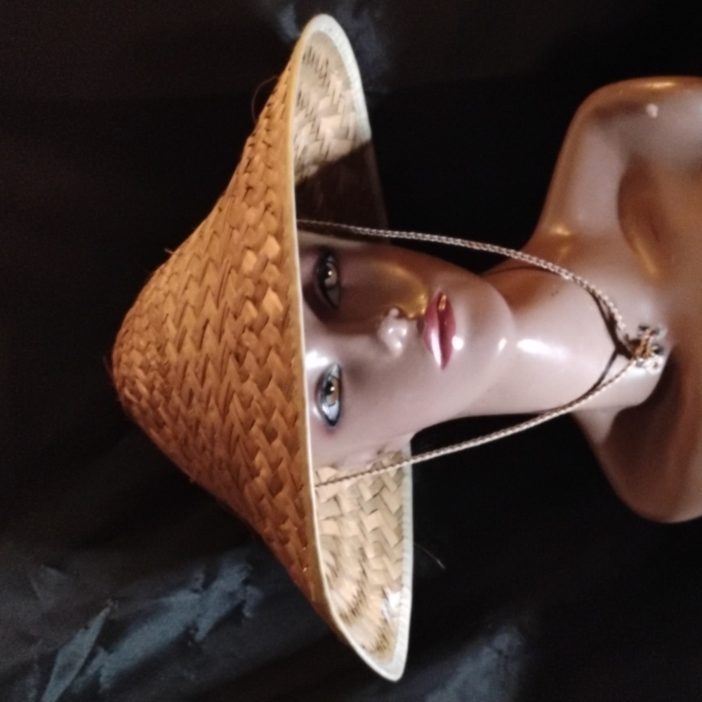 Vintage Tan Woven Straw Conical Hat